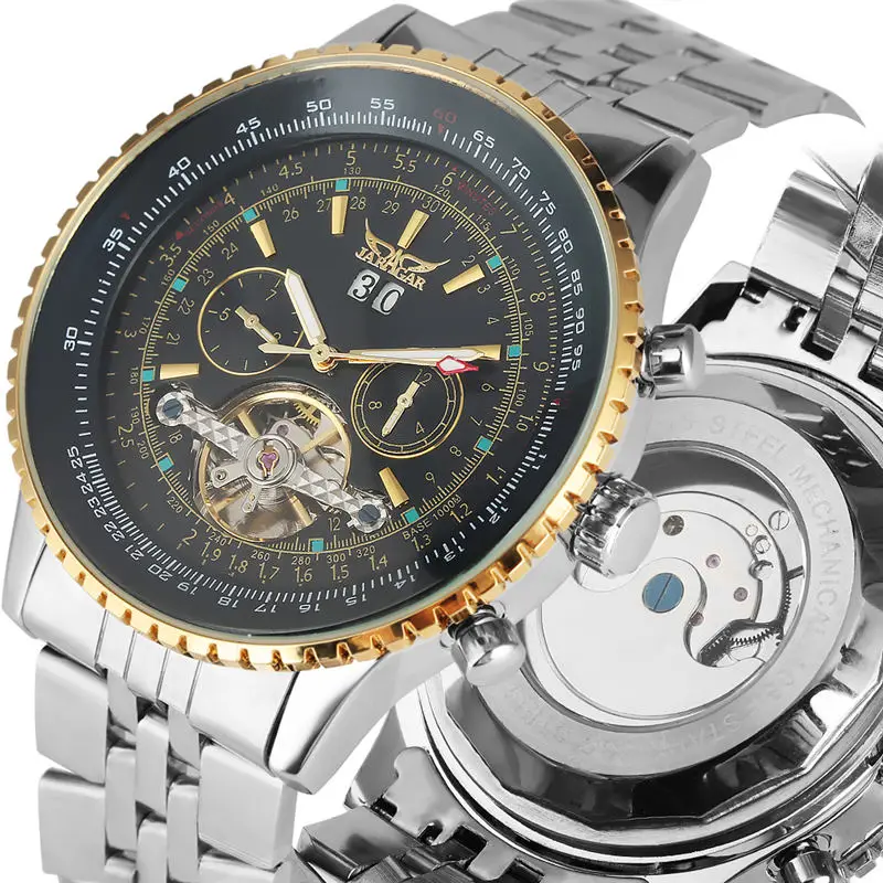 

2019 Mechanical Watch Luminous Hands Calendar Automatic Watches Stainless Steel Skeleton Clock Dual Dial Best Gift reloj hombr