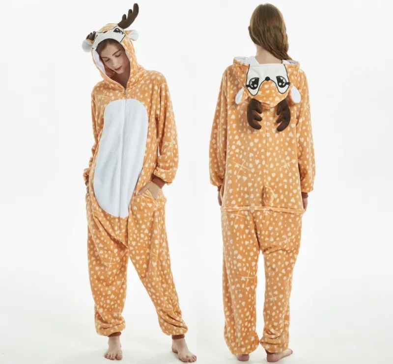 Фланелевые пижамы для взрослых с животными милый рисунок единорога леопард лев Косплей Женский Мужской пижамный комплект зима осень ночное белье один - Цвет: MC5104  fawn