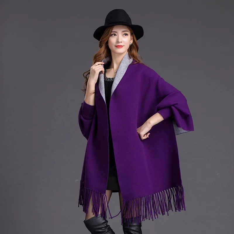 YISU шаль для женщин осень зима теплое пончо Элегантная Дамская вязаная шаль сплошной цвет шарф из искусственного кашемира кардиган свитер женский - Цвет: Фиолетовый