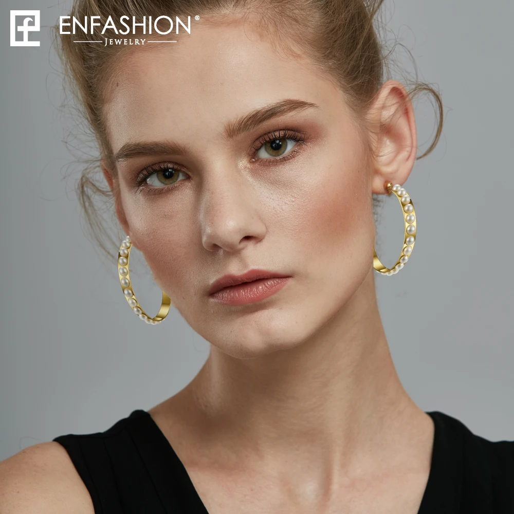Женские серьги кольца с большим жемчугом Enfashion из нержавеющей стали круглые