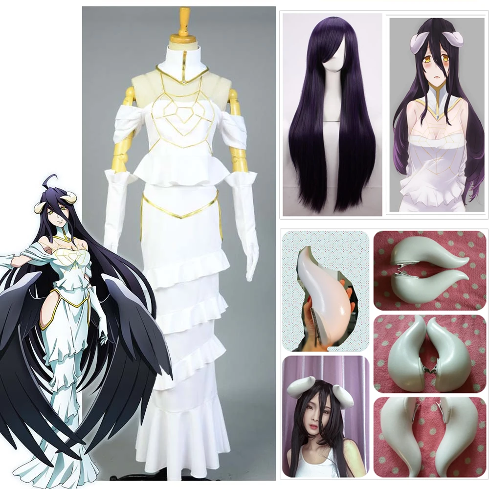 

Anime Overlord Albedo Cos Sexy White Mermaid Dress for Women Summer Skirt Adult Clothing Cosplay Costume+ Horns + Wig Halloween