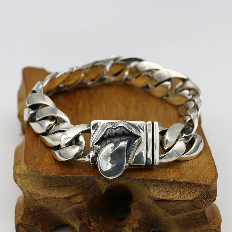 

S925 Sterling Silver Retro Thai Silver Punk Personality Atmospherice Large Tongue Bracelet Homme Men And Women Watch Chain