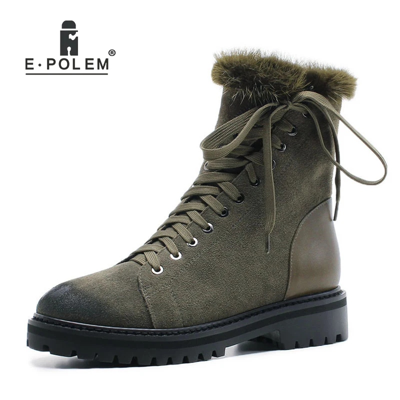 

Women Boots 2018 New Winter Leather Thick Heel Casual Snow Boots Warm Mink Hair Cross Straps Zipper Boots For Women