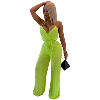 

Spring Summer Women Jumpsuit Bodycon Playsuit Bodysuit Overalls Rompers Plus Size Solid Mesh Strap Long Pants Jumpsuits