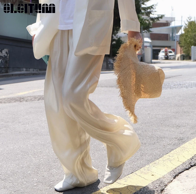 

High Quality Silks and Satins Soft High Waist Wide Leg Pants for Summer 2020 Pure Color Luster Loose Mopping Trousers Women