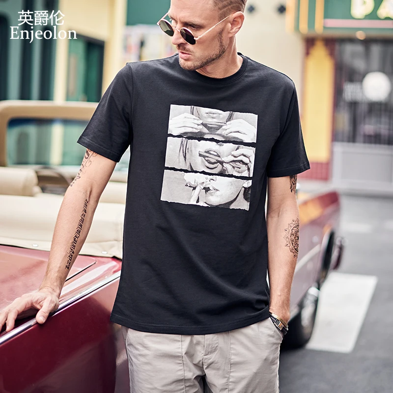 

Enjeolon Summer T shirt Men Fashion O-neck Short Sleeved 100% Cotton Casual Print Male Tops Tee Shirt 3XL T7337