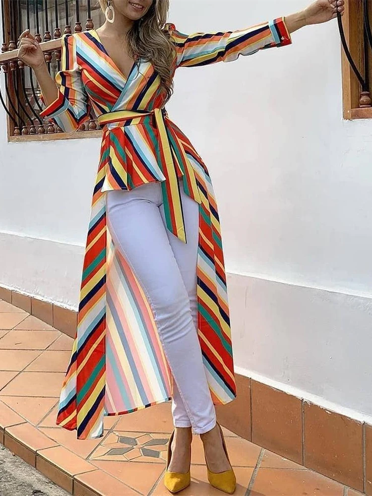 Женская элегантная разноцветная полосатая блузка с оборками и глубоким подолом Летняя асимметричная Повседневная рубашка для отдыха Женский Длинный топ для отдыха