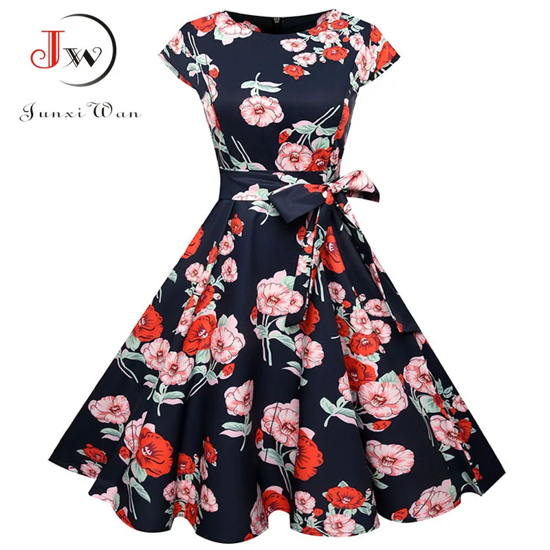 

Summer Floral Elegant Vintage Dress Charming Women O Neck Casual Work Office Party Dresses robe femme 50s Tunic