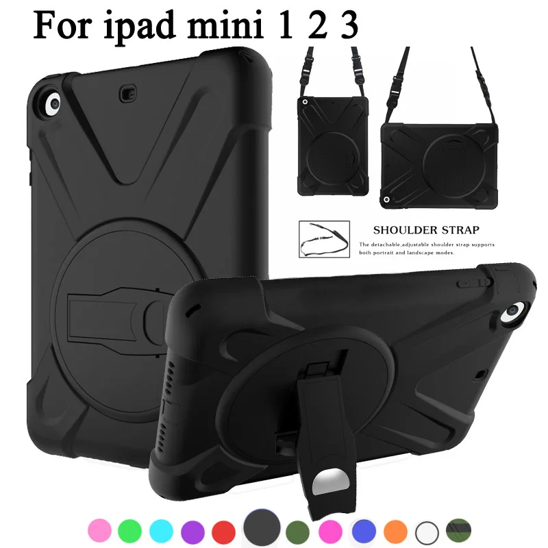 

Case For iPad mini 1 2 3 mini 2 mini 3 Tablet, Rugged Heavy Duty Shockproof Rotating Kickstand Protective Cover+Shoulder Strap