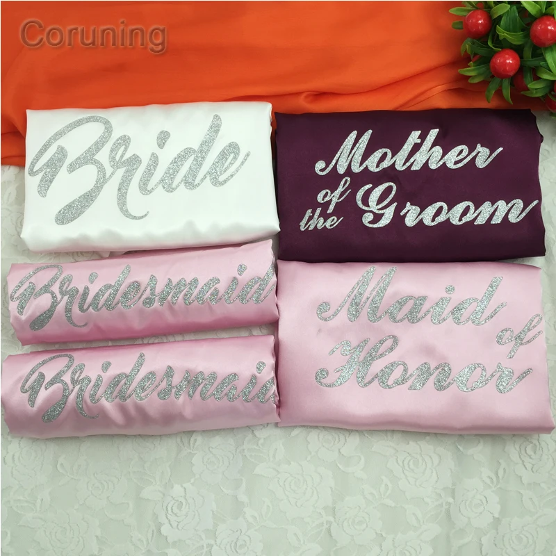 

Silver Writing Bridal Wedding Robes Bride Bridesmaid Maid of Honor Women Party Robe Custom Name and Date Get Ready Robes