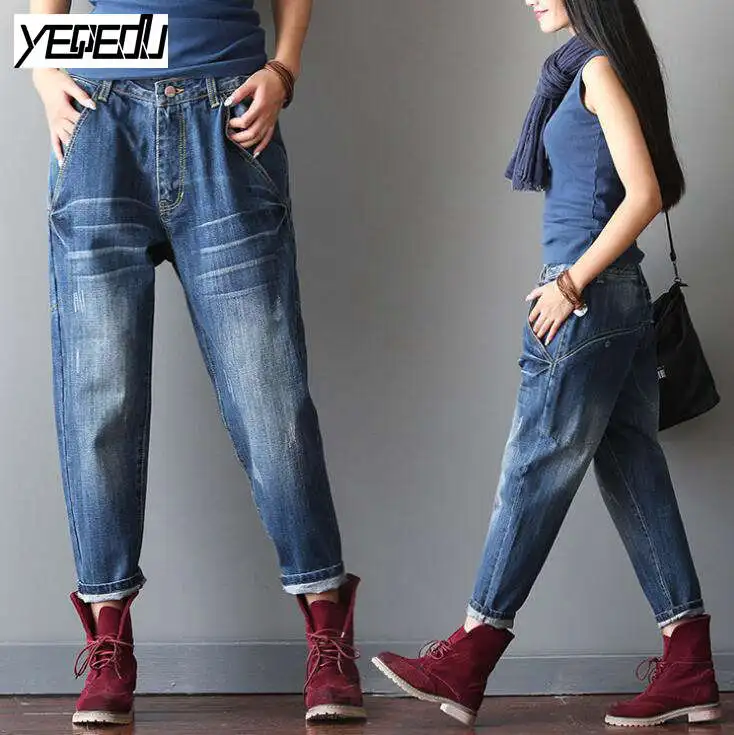 1724 2017 Fashion Big pocket High waist Ankle length Plus size Boyfriend jeans for women