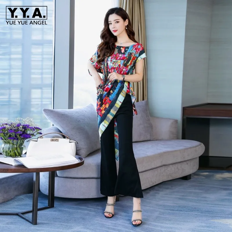 Zomer Office Broek Set Vrouwen Elegante Slanke Afdrukken Korte Mouwen T-shirt Zwart Flare Wijde Pijpen Broek 2 Delige Set Streetwear Zomer Office Broek Set Vrouwen Elegante Slanke Afdrukken Korte Mouwen T-shirt Zwart Flare Wijde Pijpen Broek 2 Delige Set Streetwear