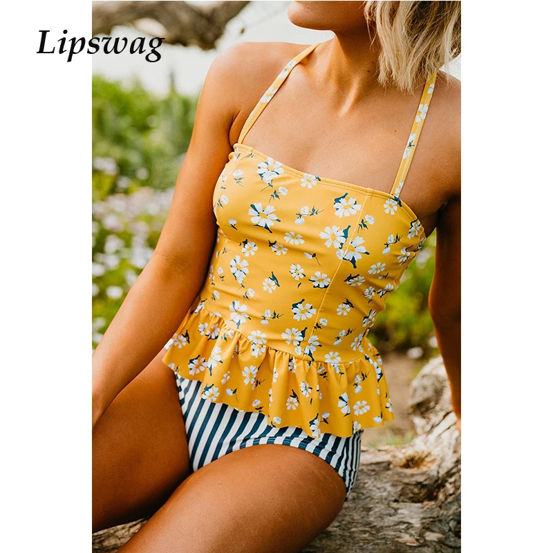 

sexy Stripe Ruffled one piece swimsuit women cross criss backless swimwear bikini bandage push up bathing suit Monokini xl