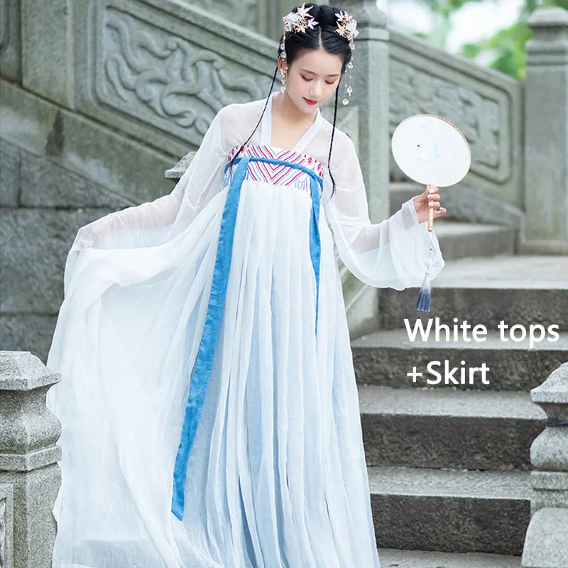 Hanfu костюм женская элегантная вышитая одежда Китайский древний традиционный костюм ханьфу народный танец представление одежда DQL1085 - Цвет: White 2PCS