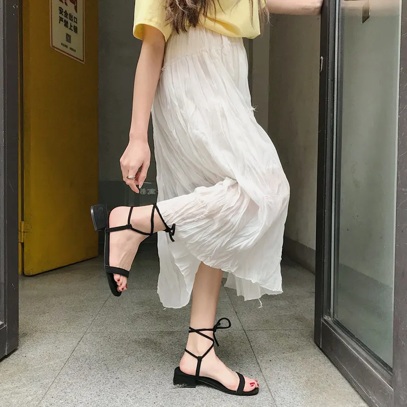 

SLHJC Summer Sandals Sweet Girl Lady Low Square Heel Open Toe Shoes Ankle Cross Band Strap Casual Daily Sandals