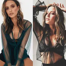 Сексуальное женское летнее Сетчатое прозрачное пляжное платье с длинным рукавом и бантом с v-образным вырезом и длинным рукавом, свободный купальный костюм, пляжная одежда