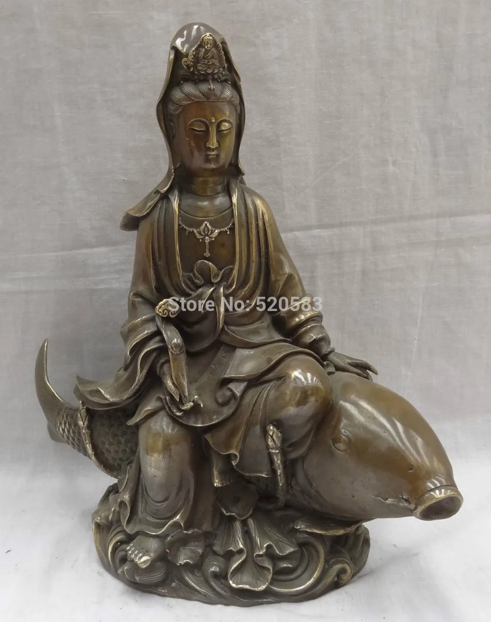 

12" Chinese Bronze Buddhist Joss RuYi Lotus Kwan-Yin GuanYin Ride Fish Statue