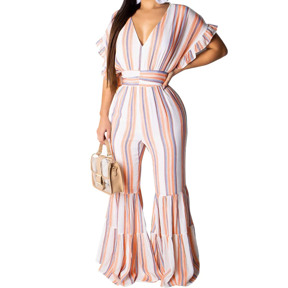 

Sexy Deep V Neck Retro Stripe Wide Leg Rompers Women Jumpsuits Summer Elegant Hollow Out Casual Playsuits Combinaison Femme