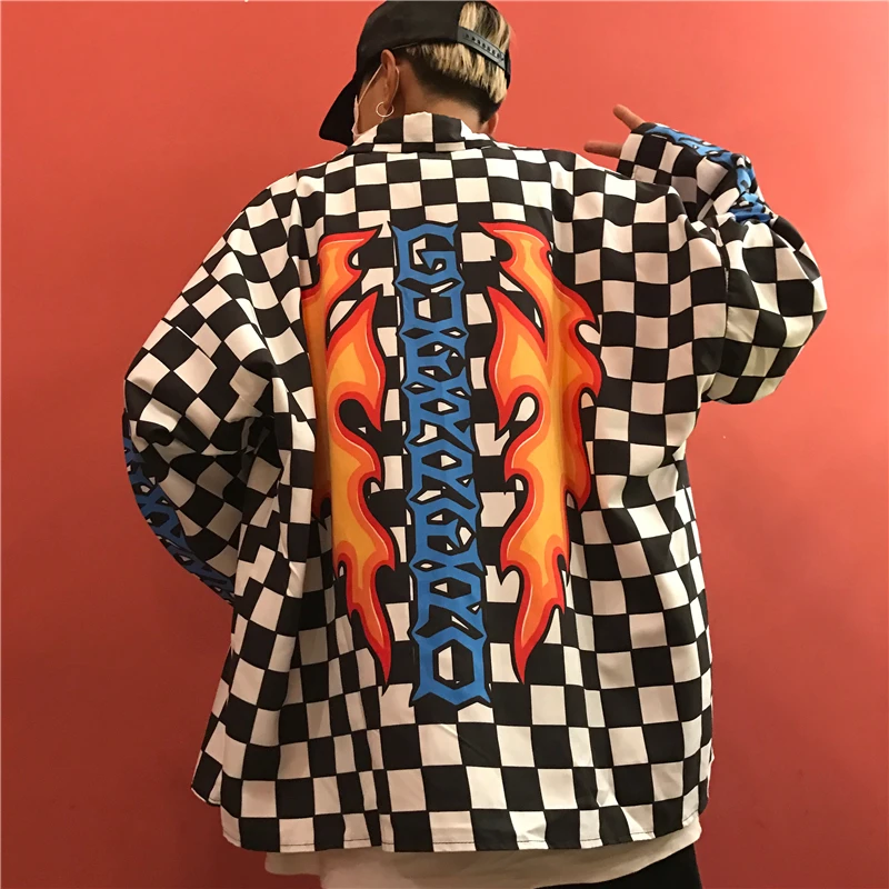 

Instagram Hot Sales Fashion Chessboard Shirts New Unisex Hip Hop Printed Charm Fire Plaid Loose Hipster Blouses Men Women