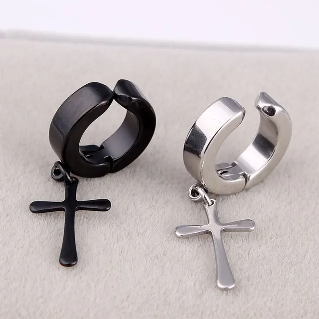 Fashion Small Hoop Earrings Silver Black Stainless Steel Cross Fashion Small Hoop Earrings Silver Black Stainless Steel Cross Charm Huggie Brincos Jewelry