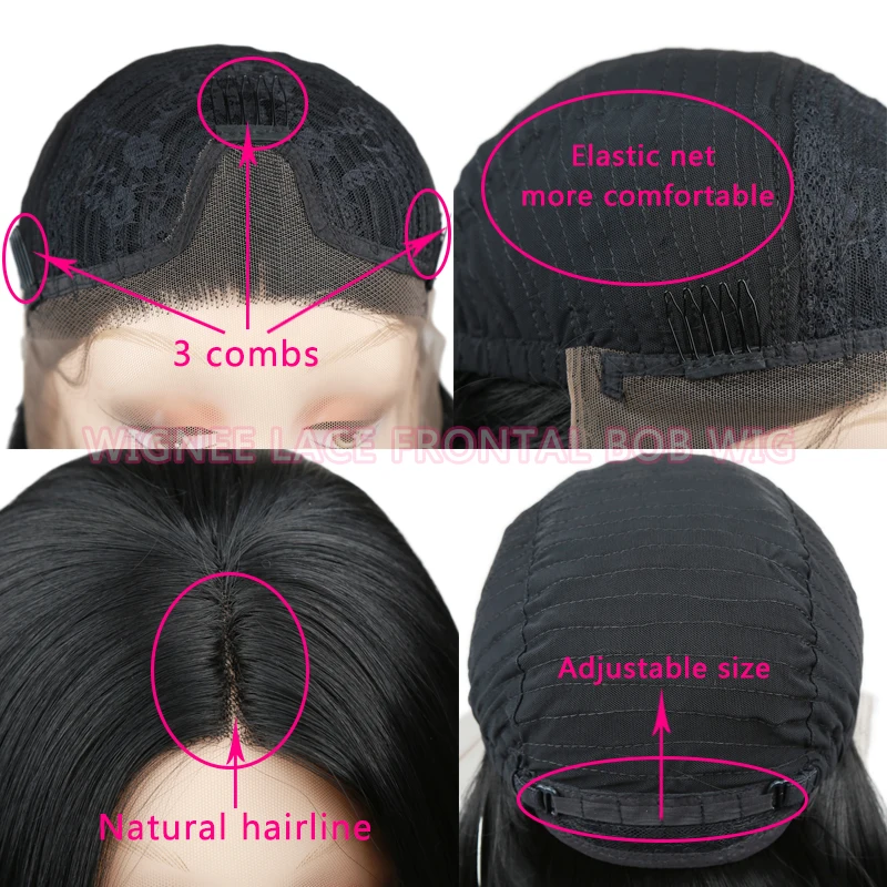 Wignee средняя часть кружева спереди боб парик синтетические волосы парики для женщин натуральные черные прямые волосы термостойкие Поддельные 3 расчески парик