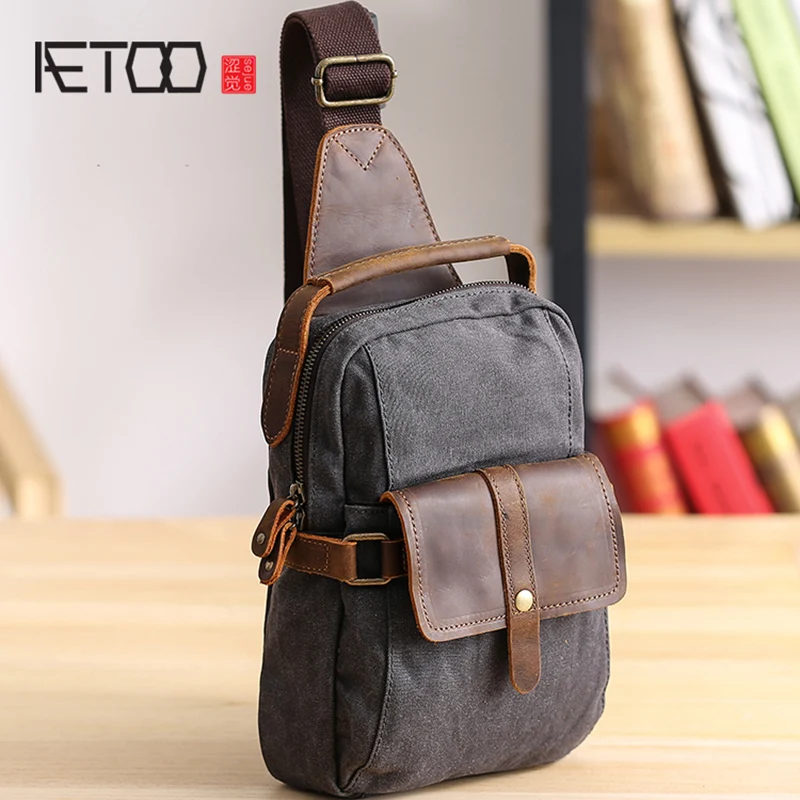 

BJYL Chest bag men's canvas with cowhide casual youth shoulder crossbody bag retro men's small bag