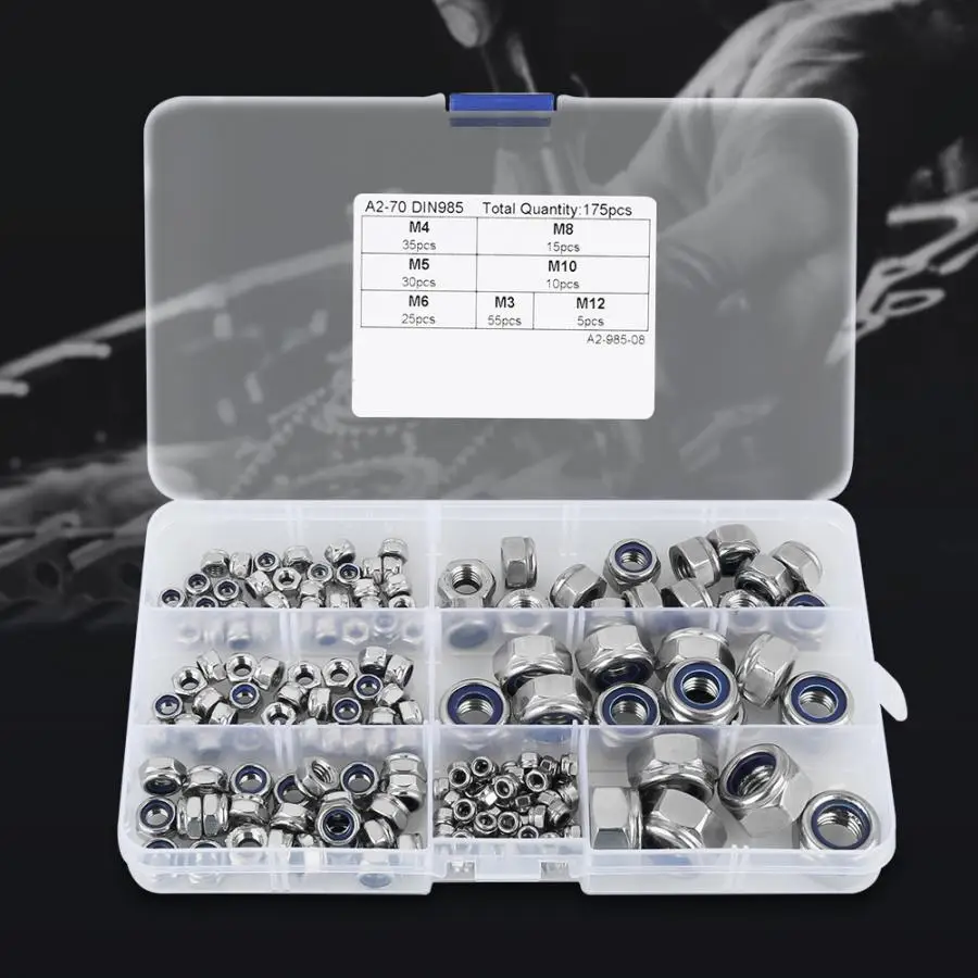 

175Pcs/Lot M3 M4 M5 M6 M8 M10 M12 Hex Nuts Stainless Steel Hex Nuts Screw Assortment Kit With Plastic Box Hardware Fasteners