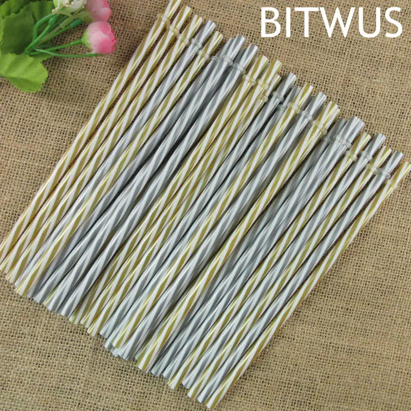 

100 pcs/lot 23 cm Fancy Fashion Reusable Sliver Golden Stripped Party Plastic Drinking Straws /Pure Color Straws for Marson Jar