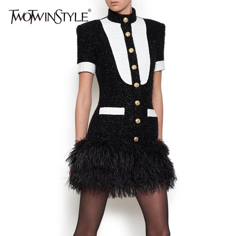 TWOTWINSTYLE Patchwork Feather Hem Dress Women Zipper Turtleneck Short Sleeve Single Breasted Dresses Female 2018 Autumn Fashion