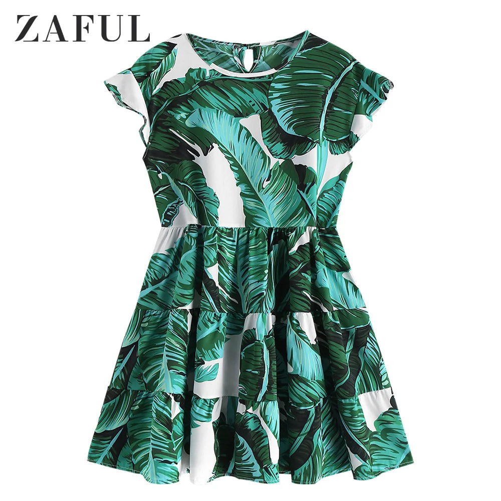 

ZAFUL Palm Leaves Print A Line Mini Dress Flounces Plant Print Dress Round Collar Sleeveless Ruffles Summer Dress For Women