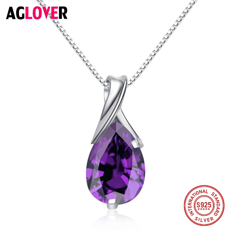 

AGLOVER Solid 925 Sterling Silver Women Necklace Flickering Water Drop Zircon Design Ladies Pendant Necklaces Jewelry