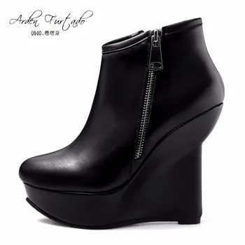 

Arden Furtado 2017 autumn winter genuine leather platform ankle boots high heels wedges zipper short woman boots shoes for women