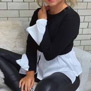 

2019 T-Shirts Women T Shirt Fashion Casual O-Neck Long Sleeve tshirt Patchwork Asymmetrical Tops Tees 0712-40