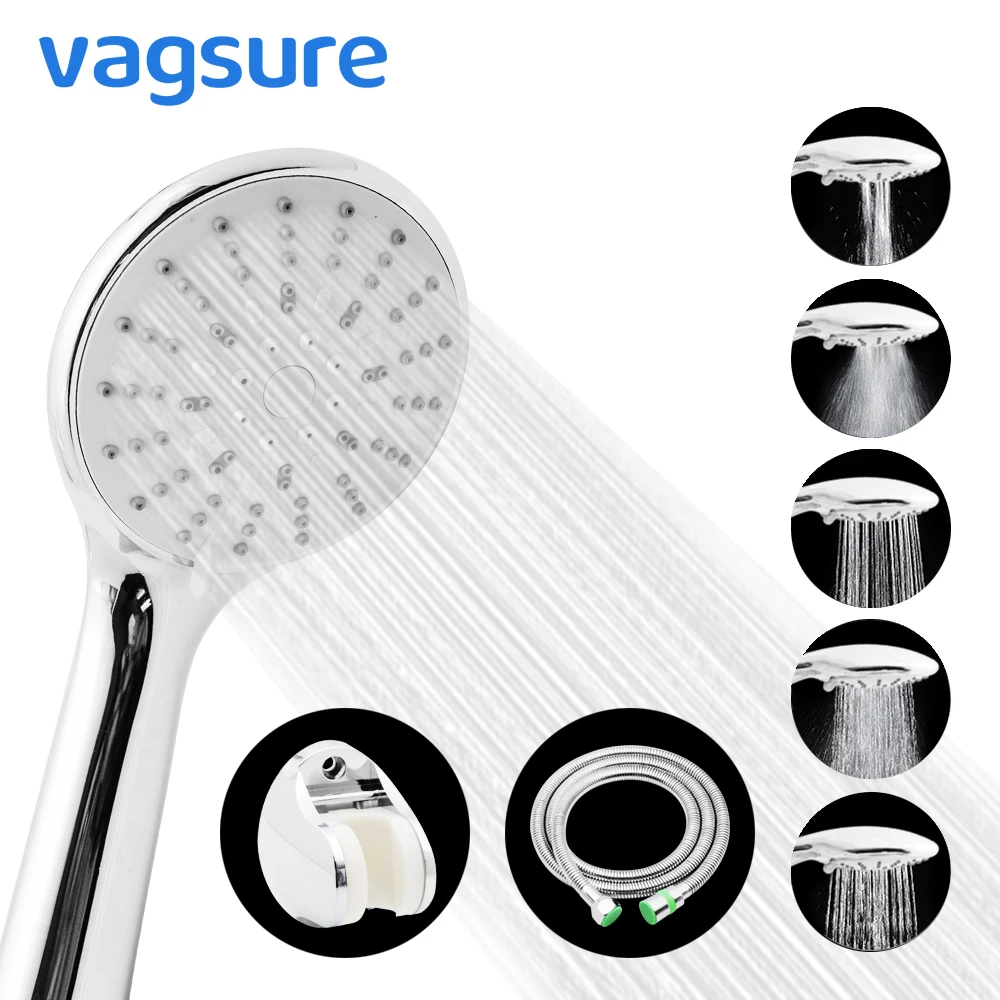 

Five-Function ABS Plastic Chrome Finish Water Saving High Pressure Bathroom Hand Held Round Shower Head Plumbing Hose Holder