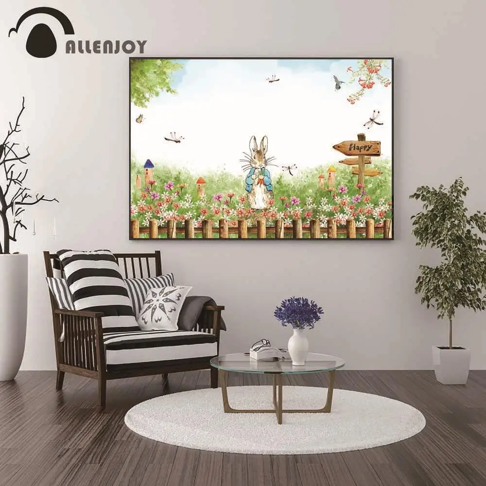 

Allenjoy Peter Rabbit Posters Watercolor Happy Countryside Flowers Dragonfly Canvas Paintings Cartoon Nursery Kid Room Pictures