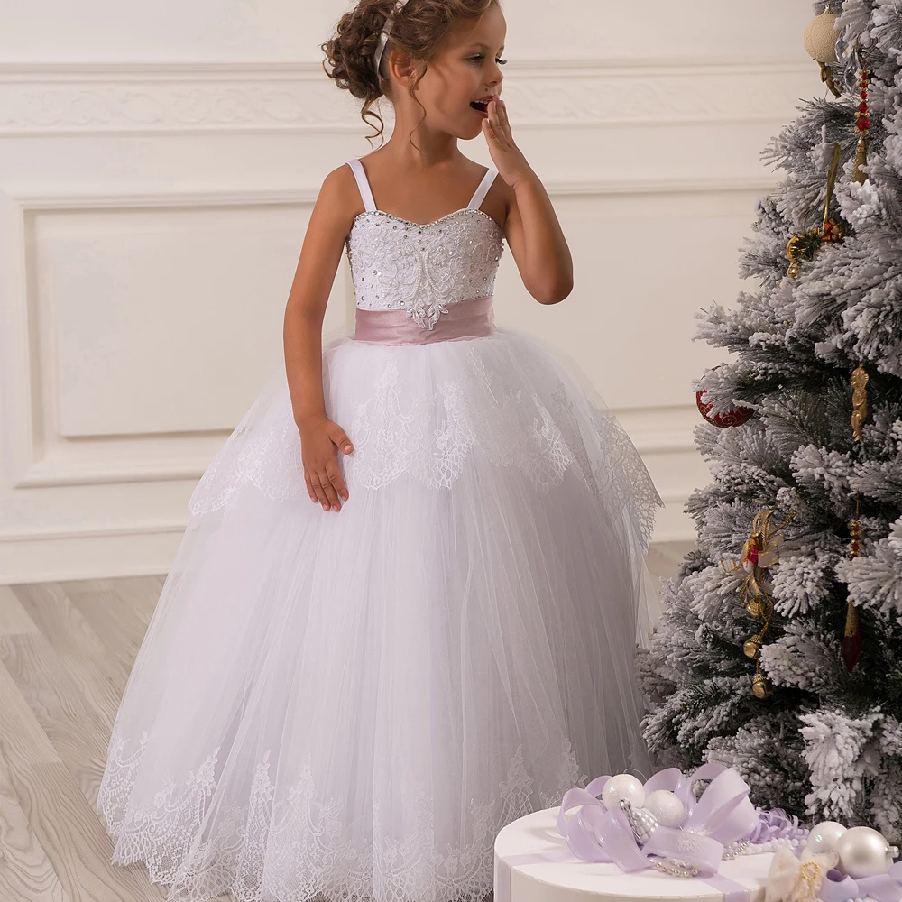 

2017 New First Communion Dresses for Girls White Spaghetti Straps Lace Up Beading Ball Gown Pageant Birthday Gowns Custom Made
