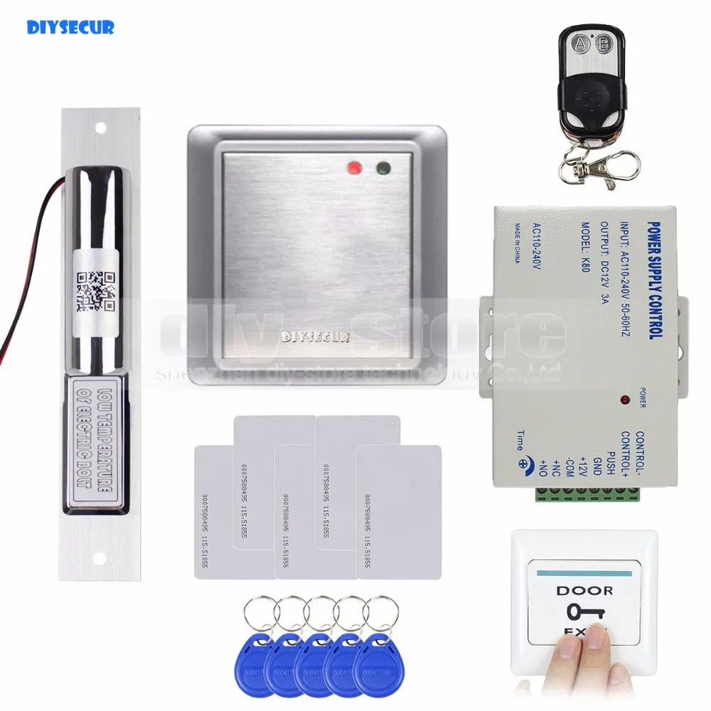 

DIYSECUR Electric Bolt Lock Waterproof Remote Controller 125KHz Rfid ID Card Reader Without Keypad Access Control System Kit
