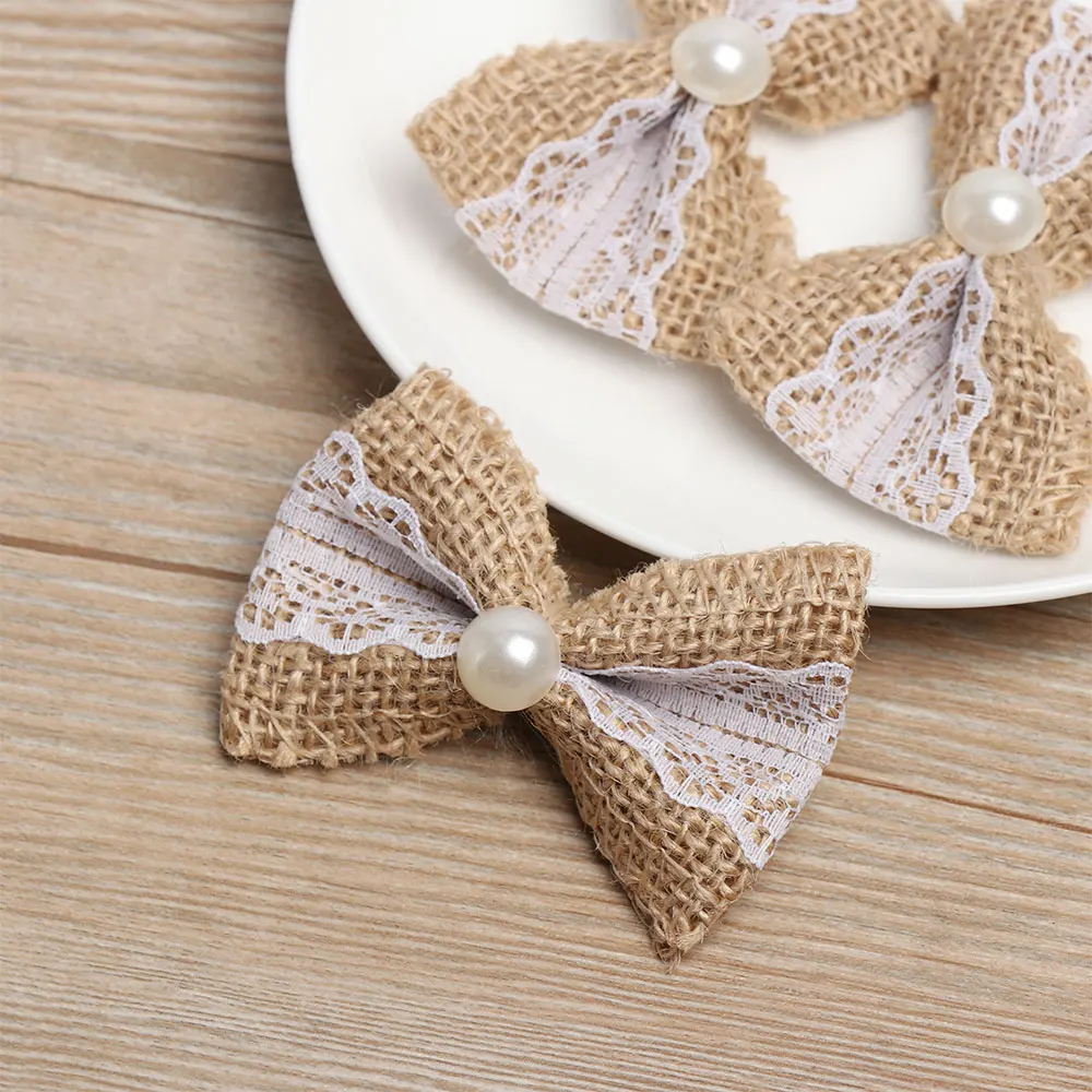 Natural Hessian Jute Burlap Lace Bows DIY Crafts Bow Ties Wedding Party Decor