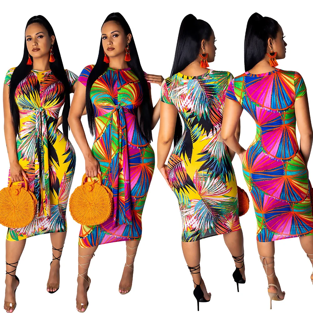 

2019 Women New Summer Short-sleeved Sheet Print Tie Bodycon Knee Length Midi Dress Club Party Dresses 2 Color Outfit CM567