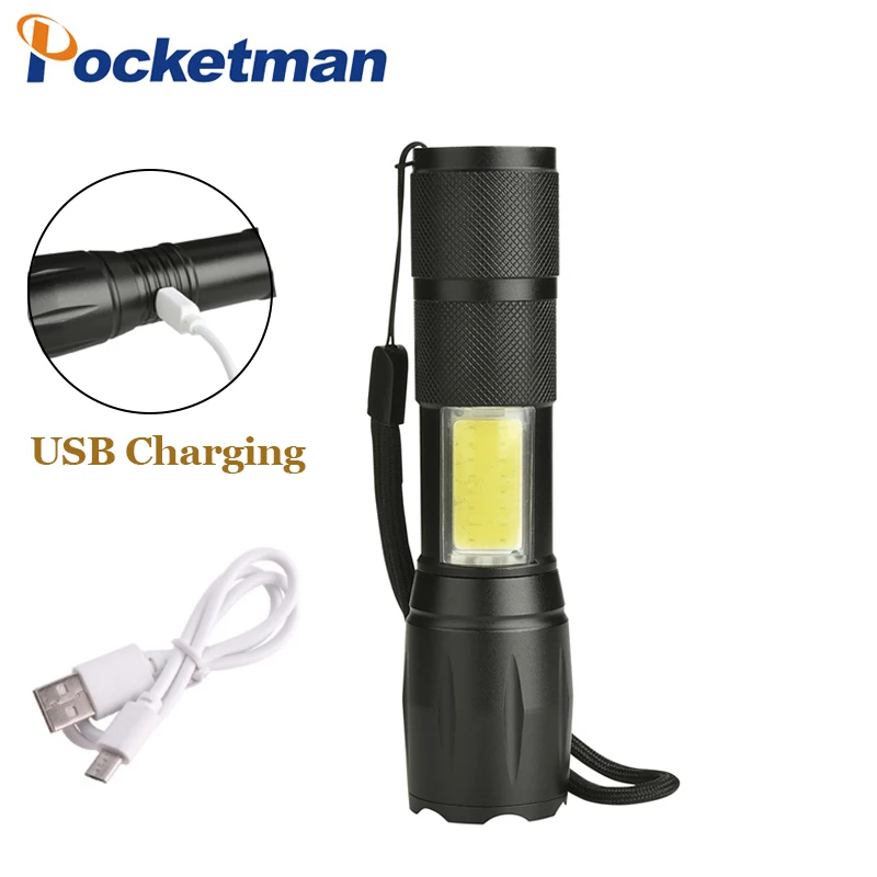

2018 New USB Rechargeable Flashlight XML-T6 & COB Led Flashlight Zoomable 4 modes torch for 18650 with USB cable