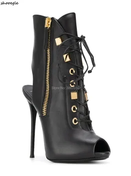 

SHOOEGLE Gladiator Ankle Boots Women Summer Cut Outs High Heels Lace Up Slingbacks Peep Toe Booties Party Dress Lady