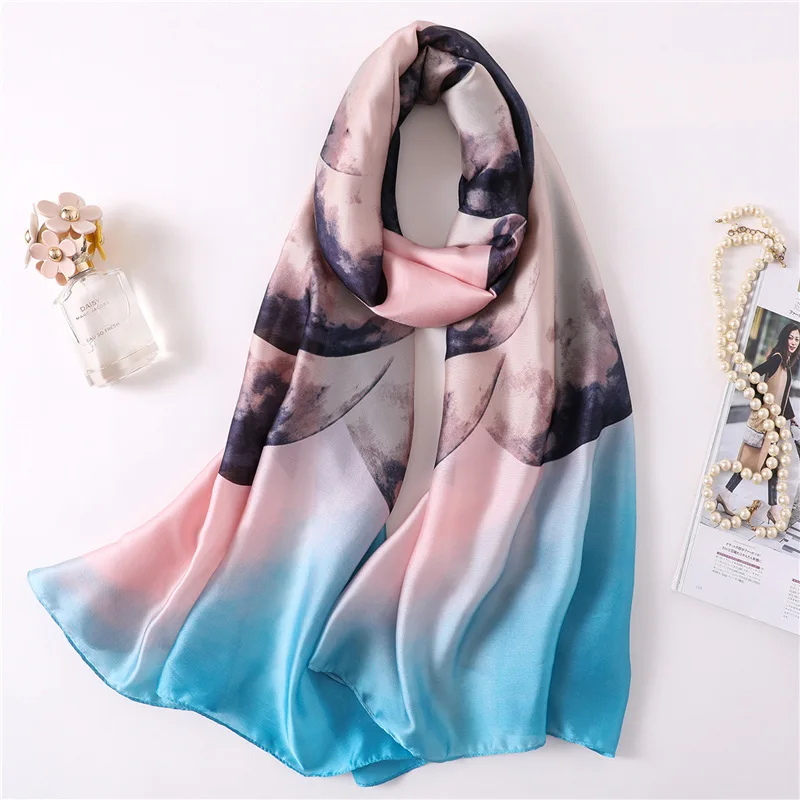 

2019 New Women's Silk Scarf Soft Printed Spring Shawls Wraps Lady Pashmina Satin Bandana Hijabs Scarf Foulard Stoles 180*90cm