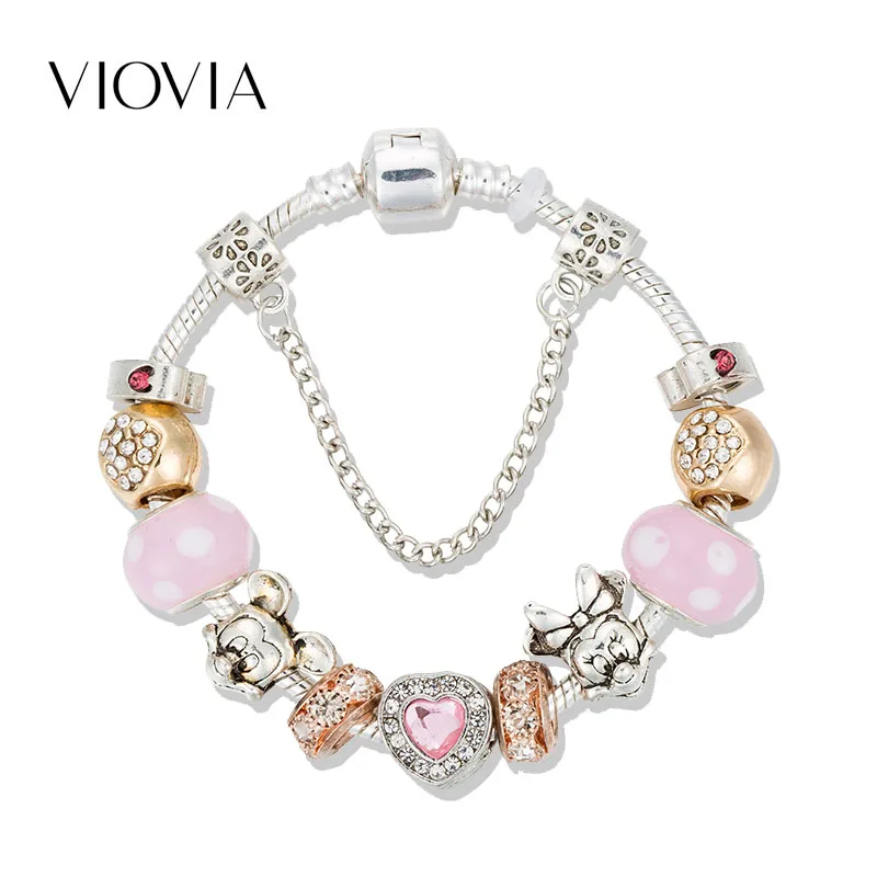 

VIOVIA 2019 Mickey Minnie Mouse Charm Bracelet Pink Murano Class Bead Fit Original Bracelet For Women DIY Jewelry Gift B19009