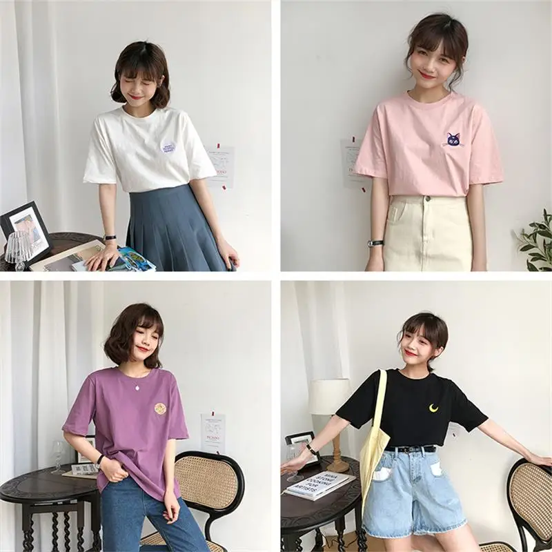 

Summer Cartoon Embroidered Badge Print T-shirt Women's T-shirts Korean Ulzzang Lovely Female Kawaii Ins Chic Top For Women