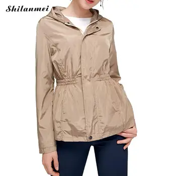 

2019 Women Waterproof Autumn Trench Coat Solid Color Trench Coats Women Casual Slim Zipper Hooded Coats Anoraks Feminine Black