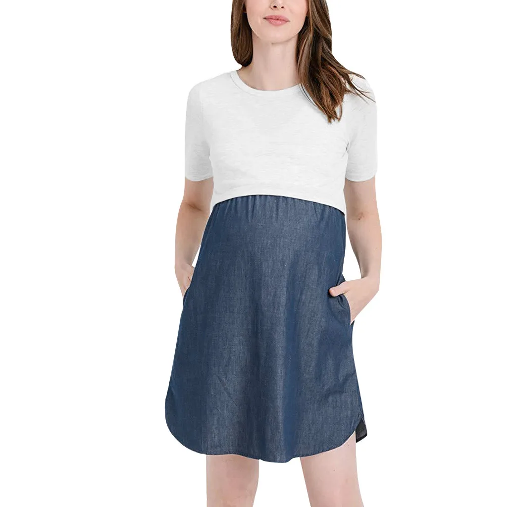 

Leisure Dress Women's Maternity Splice Round Neck Short Sleeve new arrival maternity dresses Leisure Dress MM528