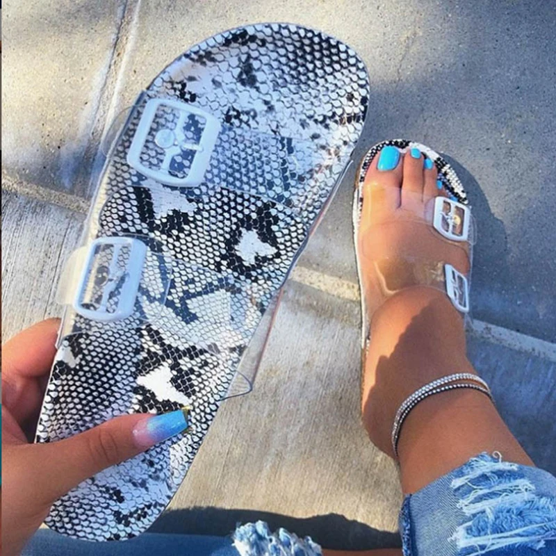 

Women Slipper 2019 New Summer Open Toe Belt Buckle Flat Slippers Ladies Snake Shallow Casual Beach Slide Woman Shoes Mjuer