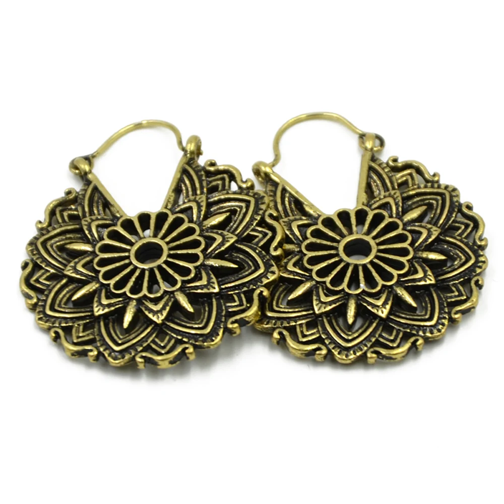 Brass Gold Tone Ornate Swirl Hoop Gypsy Indian Beaded Mandala Lotus Flower Tribal Ethnic Earring Boho ear Piercing Body Jewelry - Image 5