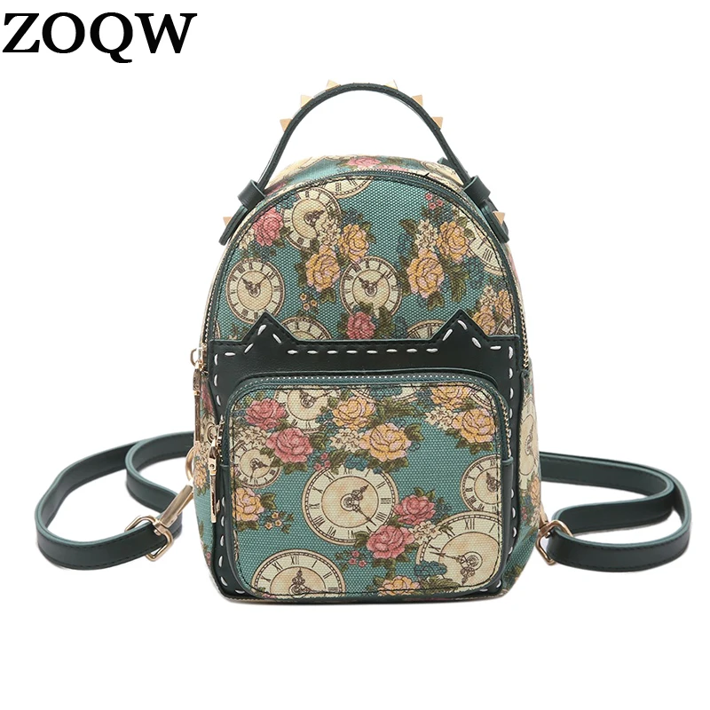 ZOQW Canvas Printing Backpack Female Small Backpacks For Teenage Girls Fashion Mini Backpack ...