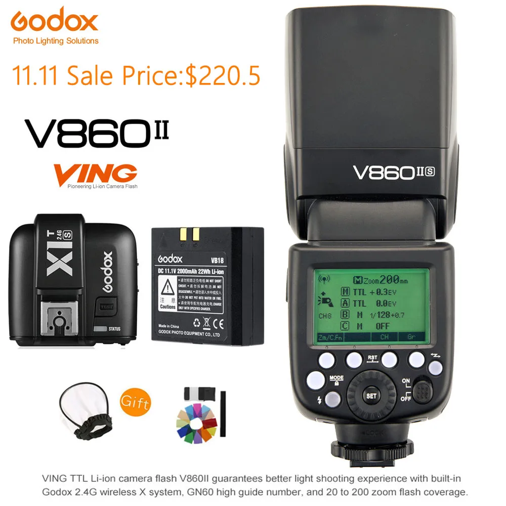 

Godox V860II-S TTL Speedlite HSS GN60 2.4G Wireless Li-ion Battery Flash Light +X1T-S Flash Trigger Transmitter for Sony Camera